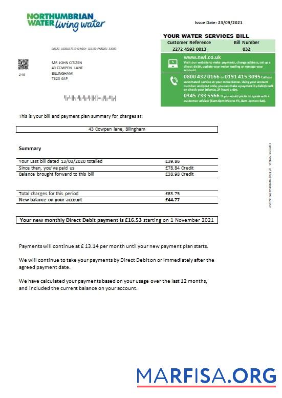 Realistic United Kingdom Northumbrian Water utility bill template in Word and PDF format, version 1